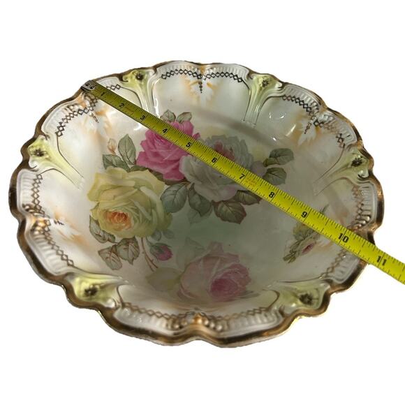 10” German Serving Bowl Rose Floral Scalloped Gold Pink Green Vintage Germany - Picture 2 of 4